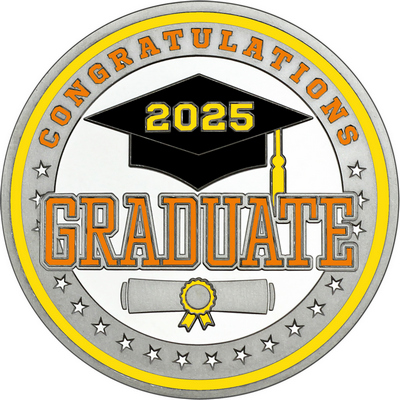 Orange "Congratulations Graduate" with Yellow 2025, Rim, Tassel & Ribbon